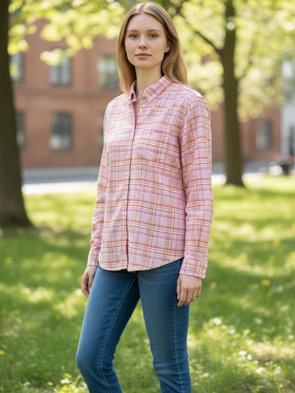 CABIN CREEK oxford Wrinkle Free Pink Plaid Button-Up Shirt Sz 14